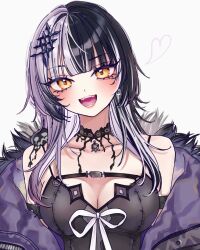 Rule 34 | 1girl, black choker, black coat, black dress, black hair, breasts, choker, cleavage, coat, dress, fangs, fur collar, grey hair, highres, hololive, hololive english, lace-trimmed choker, lace trim, large breasts, long hair, multicolored hair, open mouth, purple coat, sein 025, shiori novella, shiori novella (1st costume), sleeveless, sleeveless dress, smile, solo, split-color hair, two-sided coat, two-sided fabric, virtual youtuber, white background, yellow eyes, yorick (shiori novella)