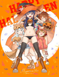 Rule 34 | 10s, 4girls, akatsuki (kancolle), animal hands, animal hat, bikini, black bikini, black eyes, black hair, black legwear, blue eyes, blue shorts, blush, boots, brown eyes, brown hair, candy, capelet, claw pose, cloak, cross-laced footwear, denim, denim shorts, fang, food, grin, halloween, hat, hibiki (kancolle), highres, hood, hooded cloak, ikazuchi (kancolle), inazuma (kancolle), jack-o&#039;-lantern, kantai collection, kneeling, knife in head, lace-up boots, long hair, looking at another, looking at viewer, mountain han, multiple girls, navel, object through head, one eye closed, open mouth, pumpkin, scared, shoes, short hair, shorts, signature, silver hair, smile, sneakers, socks, standing, stitches, stuffed toy, suspenders, sweatdrop, swimsuit, tail, tearing up, thighhighs, torn clothes, white legwear, witch hat