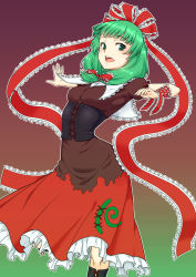 Rule 34 | 1girl, boots, breasts, corset, cross-laced footwear, dress, front ponytail, gradient background, green eyes, green hair, hair ribbon, highres, kagiyama hina, kakone, knee boots, open mouth, outstretched arms, puffy short sleeves, puffy sleeves, red dress, ribbon, short sleeves, small breasts, solo, spinning, touhou