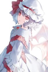 Rule 34 | 1girl, absurdres, bat wings, brooch, collared dress, cowboy shot, daimaou ruaeru, dress, frilled sleeves, frills, gem, grey hair, hat, hat ribbon, highres, jewelry, long sleeves, looking at viewer, mob cap, open mouth, red dress, red eyes, red gemstone, red ribbon, remilia scarlet, ribbon, short hair, simple background, solo, touhou, two-tone dress, white background, white dress, white hat, wings