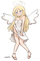 Rule 34 | 1futa, ahoge, angel wings, blonde hair, blue eyes, blush, breasts, broken halo, brown footwear, bulge, cleavage, crimvael, crying, crying with eyes open, dress, erection, erection under clothes, full body, futanari, halo, highres, ishuzoku reviewers, knees together feet apart, large penis, long hair, medium breasts, penis, sandals, simple background, solo, standing, tears, testicles, twitter username, uncensored, vanabette, white background, white dress, wings