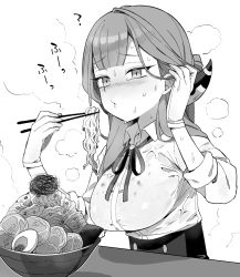 Rule 34 | 1girl, :o, aru (blue archive), blowing, blue archive, blush, bowl, breasts, chopsticks, food, gloves, greyscale, hair behind ear, holding, holding chopsticks, horns, large breasts, long hair, monochrome, moyori, neck ribbon, nervous sweating, noodles, ramen, ribbon, simple background, solo, sweat, upper body, very sweaty