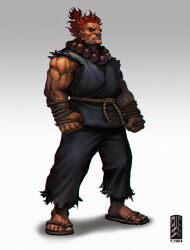 Rule 34 | 1boy, akuma (street fighter), angry, bead necklace, beads, capcom, cho yonghee, commentary, dougi, english commentary, fighting stance, gradient background, highres, jewelry, male focus, muscular, necklace, official art, official style, ponytail, promotional art, red eyes, red hair, sandals, serious, signature, street fighter, street fighter iv (series), torn clothes, warrior