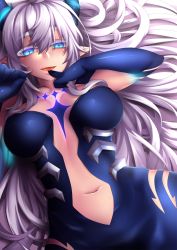 Rule 34 | 1girl, bare shoulders, blue dress, blue eyes, breasts, center opening, diabla (elsword), dress, elsword, fi-san, gloves, highres, horns, large breasts, long hair, looking at viewer, luciela r. sourcream, lying, navel, on back, open mouth, pointy ears, solo, strapless, strapless dress, symbol-shaped pupils, white hair
