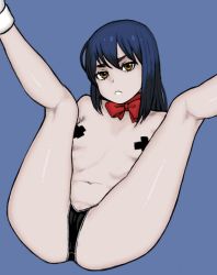 Rule 34 | 1girl, agent aika, aika (series), ass, bare shoulders, black panties, blue background, blue hair, brown eyes, collarbone, covered erect nipples, crotch seam, golden delmo, kneepits, legs up, looking at viewer, navel, neck ribbon, open mouth, panties, partially visible vulva, pasties, presenting, red ribbon, ribbon, rie petoriyacowa, sitting, socks, solo, spread legs, stomach, underwear, wabaki, white socks