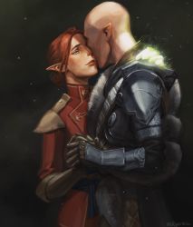 Rule 34 | 1boy, 1girl, armor, artist name, bald, cheetahman (1ddghfr78cswc), couple, dragon age, dragon age: inquisition, elf, facing another, freckles, gloves, glowing, green eyes, hair bun, hetero, highres, holding hands, inquisitor (dragon age), pauldrons, pointy ears, red hair, sash, shirt, shoulder armor, simple background, single hair bun, smile, solas