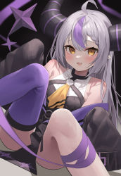 Rule 34 | 1girl, absurdres, ahoge, ascot, bad id, bad pixiv id, blush, breasts, collar, demon girl, demon horns, dodota, fang, highres, hololive, horns, la+ darknesss, long hair, looking at viewer, metal collar, multicolored hair, purple thighhighs, single thighhigh, skin fang, sleeves past fingers, sleeves past wrists, small breasts, smile, solo, streaked hair, striped horns, thighhighs, virtual youtuber, yellow ascot
