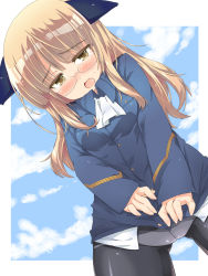 Rule 34 | 1girl, animal ears, bad id, bad pixiv id, black pantyhose, blue jacket, blue sky, blush, breast pocket, cat ears, cloud, crotch, crotch seam, dutch angle, embarrassed, from below, glasses, highres, itou ayachi, jacket, light brown hair, long hair, no pants, open mouth, panties, panties under pantyhose, pantyhose, pantyshot, perrine h. clostermann, pocket, sky, sleeves past wrists, solo, standing, strike witches, sweat, tears, underwear, white panties, world witches series, yellow eyes