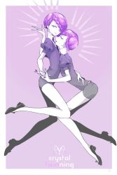 Rule 34 | 2others, amethyst (houseki no kuni), androgynous, cojima, crystal, holding hands, houseki no kuni, legs, multiple others, other focus, pale skin, puffy short sleeves, puffy sleeves, purple background, purple hair, short shorts, short sleeves, shorts, simple background, uniform