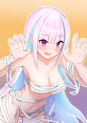 Rule 34 | 1girl, absurdres, bandages, blue hair, blunt bangs, blush, breasts, claw pose, gradient background, halloween, halloween costume, highres, kurenai rock, light blue hair, lize helesta, long hair, looking at viewer, medium breasts, multicolored hair, mummy costume, naked bandage, navel, nervous smile, nijisanji, open mouth, purple eyes, smile, solo, streaked hair, sweatdrop, two-tone hair, very long hair, virtual youtuber, wavy mouth, white hair