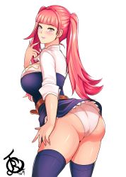 Rule 34 | 1girl, 2019, absurdres, ass, belt, breasts, female focus, fire emblem, fire emblem: three houses, garreg mach monastery uniform, highres, hilda valentine goneril, huge ass, large breasts, long hair, matching hair/eyes, nintendo, panties, parted lips, pink eyes, pink hair, revolverwing, shiny skin, short sleeves, simple background, skindentation, smile, solo, thick thighs, thighhighs, thighs, twintails, underwear, uniform, white background, white panties, zettai ryouiki