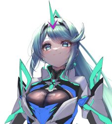 Rule 34 | 1girl, breasts, chest jewel, earrings, gem, greek text, green eyes, green hair, hakusai (hksicabb), headpiece, highres, jewelry, large breasts, long hair, pneuma (xenoblade), ponytail, solo, swept bangs, tiara, very long hair, xenoblade chronicles (series), xenoblade chronicles 2