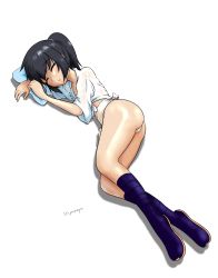 Rule 34 | 1girl, absurdres, artist name, ass, black hair, blush, breasts, cameltoe, closed eyes, collarbone, fundoshi, girls und panzer, highres, hiyama yuu (wee259hiyama), japanese clothes, lying, on side, open mouth, ponytail, reizei mako, shiny skin, signature, simple background, sleeping, small breasts, solo, white background