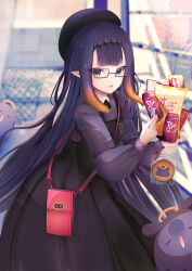Rule 34 | 1girl, absurdres, bag, beret, black beret, black dress, black hair, black hat, black ribbon, blue eyes, blunt bangs, brand name imitation, can, center-flap bangs, collared shirt, commentary, dr pepper, dress, drink can, fang, flat chest, glasses, gradient hair, grey eyes, grey shirt, handbag, hat, highres, holding snack, hololive, hololive english, long hair, long sleeves, looking at viewer, multicolored hair, neck ribbon, ninomae ina&#039;nis, ninomae ina&#039;nis (casual), official alternate costume, open mouth, orange hair, pinafore dress, pink bag, pinstripe pattern, pinstripe shirt, pleated dress, pointy ears, puffy long sleeves, puffy sleeves, ribbon, shirt, sidelocks, skin fang, sleeveless, sleeveless dress, solo, straight hair, striped clothes, striped shirt, sweatdrop, takodachi (ninomae ina&#039;nis), tentacle hair, tundrea, vertical-striped clothes, vertical-striped shirt, very long hair, virtual youtuber