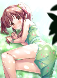 Rule 34 | 1girl, ass, bare shoulders, blush, brown eyes, brown hair, cherry print, closed mouth, clover, commentary request, dress, feet out of frame, food print, four-leaf clover, grass, green dress, green scrunchie, hair ornament, hair scrunchie, hands up, highres, holding, idolmaster, idolmaster cinderella girls, kuroba aki, lying, ogata chieri, on grass, on side, print dress, scrunchie, solo, twintails, wavy mouth, white background