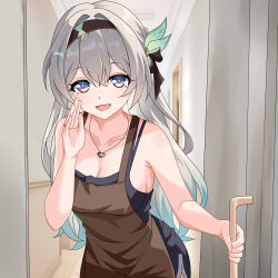 1girl :d alternate_costume apron aqua_hair bare_shoulders black_dress black_hairband blue_eyes breasts brown_apron cleavage commentary cowboy_shot dress firefly_(honkai:_star_rail) gradient_hair grey_hair hair_ornament hairband hand_on_handle hand_up highres honkai:_star_rail honkai_(series) indoors jewelry long_hair looking_at_viewer maxwelzy medium_breasts multicolored_eyes multicolored_hair open_mouth opening_door pendant ring smile solo very_long_hair