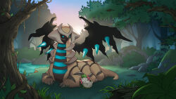 Rule 34 | absurdres, alternate color, backlighting, black wings, creature, creatures (company), dragon, evening, fog, forest, game freak, gen 4 pokemon, giratina, grass, highres, leaning, legendary pokemon, looking at another, lying, mujiao, mythical pokemon, nature, nintendo, no humans, on grass, pokemon, pokemon (creature), pokemon dppt, shaymin, shiny pokemon, sky, sleeping, spiked wings, tree, water, wings