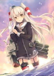 Rule 34 | 1girl, 6u (eternal land), absurdres, adjusting clothes, adjusting gloves, amatsukaze (kancolle), brown eyes, buttons, cloud, cloudy sky, collarbone, flat chest, garter straps, gloves, highres, kantai collection, lifebuoy, long hair, looking at viewer, open mouth, partially submerged, scan, sky, sunset, swim ring, thighhighs, wading, water, white gloves, zettai ryouiki