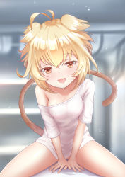 Rule 34 | 1girl, :3, ahoge, andira (granblue fantasy), animal ears, bare shoulders, blonde hair, blurry, blurry background, blush, bottomless, breasts, erune, fang, granblue fantasy, hair between eyes, highres, kimblee, looking at viewer, medium breasts, monkey ears, monkey tail, no hairband, no panties, open mouth, pussy, red eyes, short hair, solo, tail, tail raised, two side up