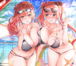 Rule 34 | 2girls, :q, ahoge, alternate costume, asymmetrical docking, azur lane, bikini, black bikini, black ribbon, blue sky, blush, breast press, breasts, cleavage, collarbone, day, eyewear on head, goggles, goggles on head, hair ornament, hair ribbon, highres, honolulu (azur lane), honolulu (summer accident?!) (azur lane), jjkl9195, large breasts, long hair, looking at viewer, multiple girls, navel, o-ring, o-ring bikini, open mouth, outdoors, reaching, reaching towards viewer, red eyes, red hair, ribbon, side ponytail, skindentation, sky, smile, starfish, sunglasses, sunglasses on head, swimsuit, tongue, tongue out, twintails, zara (azur lane), zara (poolside coincidence) (azur lane)