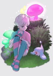 Rule 34 | 1boy, bede (pokemon), blouse, closed mouth, collared shirt, commentary request, creatures (company), curly hair, dynamax band, game freak, gen 8 pokemon, gloves, glowing, grass, grey hair, hagi 753, hatenna, highres, leggings, looking down, male focus, mushroom, nintendo, pink shirt, pokemon, pokemon (creature), pokemon swsh, purple eyes, shirt, shoes, short hair, short sleeves, shorts, sitting, smile, stone, undershirt