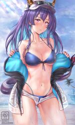 Rule 34 | 1girl, absurdres, arknights, bare shoulders, baseball cap, bikini, blue bikini, blue hair, blue sky, blush, breasts, ch&#039;en (arknights), ch&#039;en the holungday (arknights), cloud, collarbone, colored inner hair, commentary request, cowboy shot, day, dime-san, dragon horns, dragon tail, eyewear on headwear, hat, highres, horns, jacket, large breasts, long hair, micro shorts, multicolored hair, navel, off shoulder, open clothes, open jacket, pink eyes, purple hair, shorts, sky, solo, standing, stomach, sunglasses, swimsuit, tail, thighs, very long hair, white hat, white shorts