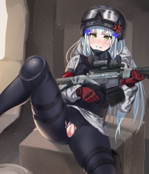Rule 34 | 1girl, agent 416 (girls&#039; frontline), bad id, bad pixiv id, beruko14, black hair, blush, girls&#039; frontline, glasses, goggles, goggles on headwear, green eyes, gun, hair ornament, helmet, highres, hk416 (fang) (girls&#039; frontline), holding, holding gun, holding weapon, holster, knee pads, leggings, long hair, military, military uniform, open mouth, paid reward available, pussy, pussy cutout, rifle, solo, thigh holster, torn clothes, torn legwear, uniform, very long hair, weapon