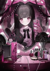 Rule 34 | 1girl, absurdres, black bow, black bowtie, black flower, black hair, black nails, black rose, blunt bangs, blush, bottle, bow, bowtie, buttons, can, cellphone, closed mouth, collared dress, commentary, commission, cosmetics, diamond (gemstone), dress, drink, drink can, ear bow, eyes visible through hair, fingernails, flower, flower pot, frilled dress, frills, gem, glint, goth fashion, grey bow, hair bow, hair brush, hand mirror, heart, heart-shaped mirror, heart-shaped pupils, highres, hime cut, holding, holding phone, holding stuffed toy, indoors, jewelry, jirai kei, light bulb, long hair, looking at mirror, looking at viewer, makeup brush, mirror, monster energy, nail polish, necklace, original, pearl (gemstone), pearl necklace, applying pedicure, perfume bottle, phone, pink bow, pink dress, pink eyes, pink ribbon, plant, potted plant, reflection, ribbon, rose, selfie, sidelocks, sitting, skeb commission, sleeves past wrists, smartphone, smile, solo, stuffed animal, stuffed rabbit, stuffed toy, symbol-shaped pupils, table, taking picture, upper body, vanity table, watermark, youichi (45 01)