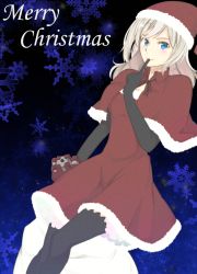 Rule 34 | 10s, 1girl, alisa ilinichina amiella, bad id, bad pixiv id, blue eyes, blush, boots, cabbie hat, christmas, elbow gloves, gift, gloves, god eater, god eater burst, hat, kisaragi (is), long hair, looking at viewer, pantyhose, sack, santa costume, santa hat, silver hair, skirt, smile, solo, thigh boots, thighhighs
