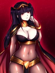 Rule 34 | 1girl, bodystocking, breasts, cape, cleavage, fire emblem, fire emblem awakening, highres, large breasts, long hair, navel, nintendo, purple hair, red eyes, solo, tharja (fire emblem), twintails