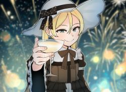 Rule 34 | 1girl, alcohol, blonde hair, blue eyes, champagne, champagne flute, cjrb1228, cup, drinking glass, ellie quickhand, fireworks, gothic lolita, great gatsby, hair between eyes, hat, hat ribbon, last origin, lolita fashion, looking at viewer, meme, ribbon, smile, solo, sun hat, twintails