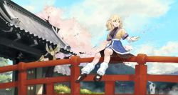 Rule 34 | 1girl, arm warmers, bird, blonde hair, blue sky, cherry blossoms, cloud, day, green eyes, highres, kinketsu, leg warmers, mizuhashi parsee, on railing, open mouth, petals, pointy ears, pointy hair, railing, sash, shirt, sitting, skirt, sky, smile, solo, touhou, tree, water, waterfall