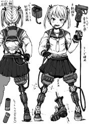 Rule 34 | 1girl, 4shi, arrow (symbol), artist name, belt, bullet in mouth, cable, character name, character sheet, commentary request, finger on trigger, fingerless gloves, from behind, full body, gloves, greyscale, gun, hair ribbon, harness, highres, holding, katagiri rin (4shi), legs apart, long sleeves, looking at viewer, mechanical legs, monochrome, mouth hold, multiple views, open mouth, original, parted hair, pleated skirt, pouch, prosthesis, prosthetic leg, ribbon, school uniform, serafuku, shell casing, short hair, signature, simple background, sketch, skirt, standing, teeth hold, torn clothes, torn skirt, translation request, tsurime, turnaround, twintails, v-shaped eyebrows, weapon