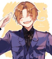 Rule 34 | 1boy, :d, ^ ^, axis powers hetalia, black necktie, black shirt, blue jacket, blush, brown background, brown hair, closed eyes, collared shirt, commentary, facing viewer, hand up, heart, highres, jacket, long sleeves, male focus, military jacket, necktie, northern italy (hetalia), open mouth, outline, shirt, signature, smile, sofra, solo, teeth, twitter username, two-tone background, upper body, upper teeth only, white background, white outline