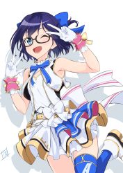 Rule 34 | 1girl, a-chan (hololive), alternate costume, armpits, bare shoulders, black-framed eyewear, blue eyes, blue hair, blue thighhighs, bow, bowtie, breasts, glasses, gloves, hashiguchi hayato, highres, hololive, idol clothes, one eye closed, open mouth, shadow, signature, single thighhigh, small breasts, solo, thighhighs, tongue, v, virtual youtuber, w, white background, white gloves