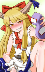 Rule 34 | 1girl, bare shoulders, blonde hair, blue ribbon, blue skirt, blush, bow, bowtie, commentary request, fingernails, gourd, green background, grin, hair bow, horn ornament, horn ribbon, horns, ibuki suika, long hair, looking at viewer, orange eyes, red bow, red bowtie, ribbon, shiny skin, shiraue yuu, shirt, sitting, skirt, sleeveless, smile, solo, torn clothes, torn sleeves, touhou, very long hair, white shirt, wrist cuffs