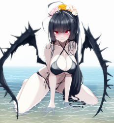 Rule 34 | 1girl, absurdres, beach, bikini, black bikini, black hair, blue archive, breasts, cleavage, closed mouth, flower, full body, fuyu no usagi, hair flower, hair ornament, highres, looking at viewer, navel, pink flower, ponytail, red eyes, smile, solo, swimsuit, tsurugi (blue archive), tsurugi (swimsuit) (blue archive), water, white flower, wings, yellow flower