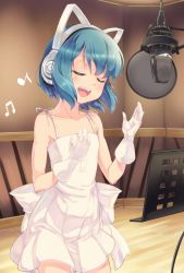 Rule 34 | 1boy, :d, animal ear headphones, animal ears, artist request, bare shoulders, blue hair, blush, bow, buttons, cable, cat boy, cat ear headphones, cat ears, closed eyes, cowboy shot, dress, fake animal ears, gloves, headphones, highres, indoors, male focus, microphone, music, musical note, open mouth, pleated dress, quaver, ribbon, ryoune yami, short dress, short hair, singing, smile, standing, studio, studio microphone, trap, utau, white dress, white gloves, wooden floor