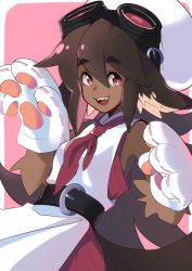 Rule 34 | 1girl, animal hands, azuumori, belt, brown hair, cat paws, commentary, dark-skinned female, dark skin, dress, fangs, fur, gloves, goggles, goggles on head, hair between eyes, highres, looking at viewer, medium hair, open mouth, red dress, red eyes, red neckwear, smile, solo, white gloves, white headwear