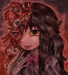 Rule 34 | 1girl, armored gloves, black eyes, black hair, black sclera, bow, bowtie, bright pupils, buttons, colored sclera, extra eyes, extra mouth, extra pupils, extra teeth, flesh, gradient background, green eyes, grey shirt, hair over one eye, hand up, highres, horns, impressionism, long hair, looking at viewer, missing eye, monster girl, multiple hands, multiple horns, open mouth, original, pink bow, portrait, red background, sharp teeth, shirt, smile, solo, teeth, tongue, tongue out, too many eyes, white eyes, yawnaru, yellow pupils, yellow sclera