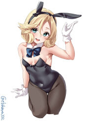 Rule 34 | 1girl, animal ears, black leotard, blonde hair, blue eyes, blush, bow, bowtie, breasts, covered navel, cowboy shot, detached collar, ebifurya, fake animal ears, gloves, highres, janus (kancolle), kantai collection, leotard, looking at viewer, one-hour drawing challenge, pantyhose, parted bangs, playboy bunny, rabbit ears, small breasts, smile, strapless, strapless leotard, thigh gap, traditional bowtie, twitter username, white background, white gloves