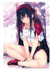 Rule 34 | 1girl, absurdres, between legs, black hair, blush, breast press, breasts, buruma, cherry blossoms, closed mouth, collarbone, crop top, day, ear piercing, eyelashes, hair between eyes, hairband, hand between legs, highres, indian style, jacket, jacket on shoulders, kurebayashi noe, long hair, looking at viewer, medium breasts, melonbooks, mole, mole on thigh, navel, original, outdoors, petals, piercing, purple eyes, scan, shoes, sitting, sneakers, solo, track uniform, tree, v arms