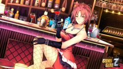 Rule 34 | 1girl, :d, alcohol, bad id, bad pixiv id, bar stool, bare shoulders, benghuai xueyuan, black gloves, breasts, bucket, champagne, cleavage, cup, dress, fishnet legwear, fishnets, food, fruit, gloves, grin, highres, holding, holding cup, honkai (series), jewelry, large breasts, looking at viewer, murata himeko (benghuai xueyuan), necklace, official art, open mouth, orange (fruit), orange slice, parted lips, portrait (object), raiden mei (benghuai xueyuan), red dress, red hair, red wine, shishen (12691418), sitting, sleeveless, sleeveless dress, smile, solo, stool, table, teeth, whiskey, wine, yellow eyes