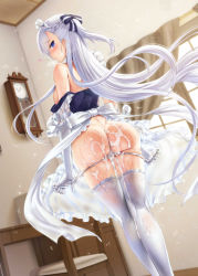 Rule 34 | 1girl, aftersex, ass, azur lane, back, bare shoulders, belfast (azur lane), blue eyes, blush, braid, breasts, commentary request, cum, cum in pussy, cum on ass, cum on body, french braid, highres, hisasi, large breasts, long hair, looking at viewer, looking back, maid, off shoulder, panties, panty pull, solo, standing, thighhighs, thighs, underwear, white hair, white panties, white thighhighs