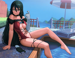 Rule 34 | 1girl, adapted costume, alternate costume, bandaged arm, bandages, bare shoulders, barefoot, beach chair, beach umbrella, beckoning, black choker, black hair, blue sky, blurry, blurry background, braid, breasts, chair, choker, commentary, day, depth of field, english commentary, feet, hair between eyes, large breasts, lasterk, leg ribbon, long hair, looking at viewer, lounge chair, low-tied long hair, navel, one-piece swimsuit, outdoors, plantar flexion, pool, red one-piece swimsuit, ribbon, side braid, single braid, sitting, sky, smile, solo, swimsuit, tales of (series), tales of berseria, thigh ribbon, umbrella, underboob, velvet crowe, very long hair, water, yellow eyes