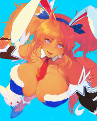 Rule 34 | 1girl, action taimanin, ahoge, alternate costume, animal, animal ears, ass, bare shoulders, blue background, blue eyes, blue footwear, blue headband, blue leotard, blush, breast focus, breasts, brown gloves, cleavage, collarbone, covered erect nipples, crystal, detached collar, detached sleeves, earrings, elbow gloves, fake animal ears, fingerless gloves, fingernails, gloves, hair between eyes, headband, highres, huge ass, huge breasts, jewelry, leotard, long hair, looking at viewer, lower teeth only, necktie, onizaki kirara, open mouth, orange hair, partially fingerless gloves, purple pupils, rabbit, rabbit ears, red necktie, simple background, smile, solo, star (symbol), star earrings, sweat, taimanin (series), taimanin rpgx, take no ko (dodon), teeth, thong leotard, tongue, twintails, w