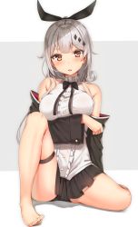 Rule 34 | 1girl, arm support, arm under breasts, bare shoulders, barefoot, black bow, black bowtie, black panties, blouse, blush, bow, bowtie, breasts, brown eyes, cleavage, closed mouth, five-seven (girls&#039; frontline), girls&#039; frontline, hair between eyes, hair ornament, hair ribbon, highres, jacket, jewelry, large breasts, long hair, looking at viewer, off shoulder, open mouth, panties, pleated skirt, ponytail, reinama, ribbon, shirt, sidelocks, silver hair, simple background, sitting, skindentation, skirt, sleeveless, sleeveless shirt, solo, thigh strap, underwear, very long hair, white shirt