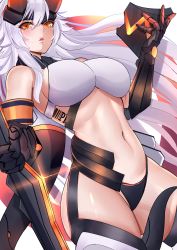 Rule 34 | 1girl, absurdres, armor, barcode, barcode tattoo, bare shoulders, black panties, breasts, commentary, cowboy shot, dutch angle, english commentary, extra, fang, faulds, gauntlets, glint, headpiece, highres, holding, holding sword, holding weapon, honkai (series), honkai impact 3rd, large breasts, long hair, looking at viewer, mask, unworn mask, navel, noise paper, orange eyes, panties, parted lips, reverse grip, solo, string panties, swimsuit, sword, tattoo, thighhighs, underwear, weapon, white hair, zombie (honkai impact 3)