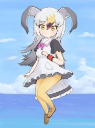 Rule 34 | 1girl, bird girl, bird tail, bird wings, black-tailed gull (kemono friends), blue sky, bow, bowtie, dress, feathered wings, grey hair, head wings, highres, kemono friends, long hair, looking at viewer, ocean, outdoors, pantyhose, sailor collar, sailor dress, shoes, sky, solo, tail, wings, wristband, yellow eyes, zzz ansh