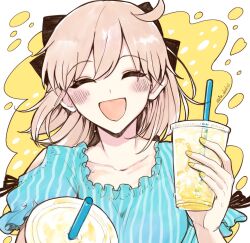 Rule 34 | 1girl, ahoge, aruti, blue shirt, closed eyes, clothing cutout, contemporary, cup, disposable cup, drinking straw, fate/grand order, fate (series), highres, okita souji (fate), pink hair, shirt, shoulder cutout, smile, sweat, twitter username, yellow nails